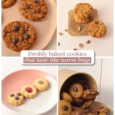 A collage of our freshly baked cookies that taste like warm hugs. From classic chocolate chip to jam-filled delights, we have a cookie for every mood.