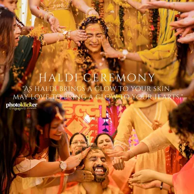 A collage capturing the essence of a Haldi ceremony, with friends and family showering the couple with turmeric and love. These are the joyful, candid moments we live to capture.