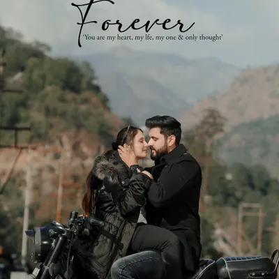 A romantic close-up of a couple on a motorcycle, with the mountains in the background. The 'Forever' text adds a timeless touch to this adventurous shot.
