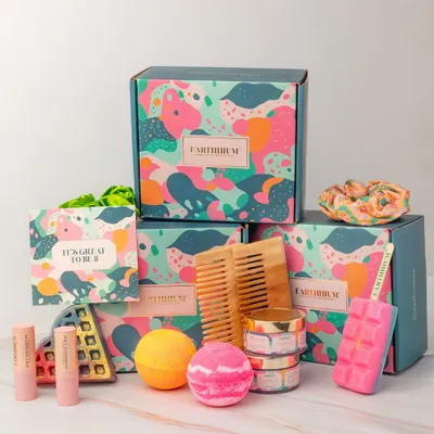 Gifting should be colorful and fun. I put together these vibrant gift boxes with a mix of my products, including bath bombs, waffle soaps, and lip balms, all beautifully packaged.