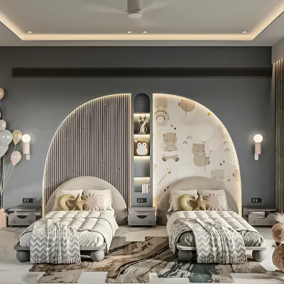 A beautifully designed shared bedroom for siblings, featuring symmetrical curved headboards with distinct fluted and patterned details. Integrated shelving and soft, ambient lighting create a cozy and personalized space for each child.