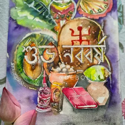 'Shubho Noboborsho'. A watercolor collage of quintessential Bengali things for the Bengali New Year. It's my way of connecting with my homeland, no matter how far I am.