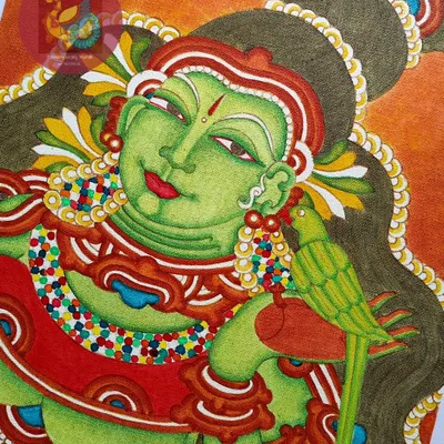 The finished painting of Goddess Meenakshi, radiant in her green form, holding her symbolic parrot. This 12x14 inch Kerala mural is a classic representation, perfect for bringing auspicious energy into your home, especially on a Friday (*Vellikayamai*).