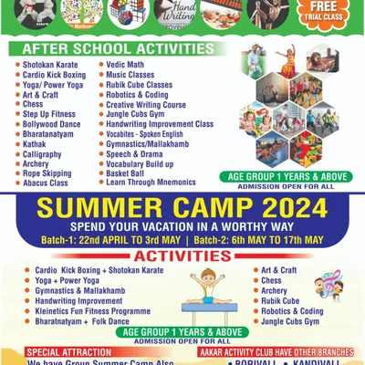 Fitness is a lifelong journey, and it can start with fun. This poster for the Aakar Activity Club Summer Camp shows our involvement in after-school programs, offering Shotokan Karate and Cardio Kickboxing for kids.