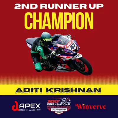 We celebrate our winners. This graphic honors Aditi Krishnan as the 2nd Runner Up Champion in the MRF MMSC FMSCI Indian National Motorcycle Racing Championship, a testament to her skill and our team's support.