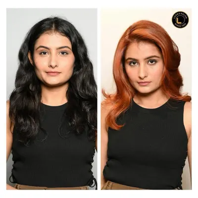 A striking before-and-after of a hair colour transformation. We took natural black hair to a vibrant, fiery copper red, complete with a stylish blowout.