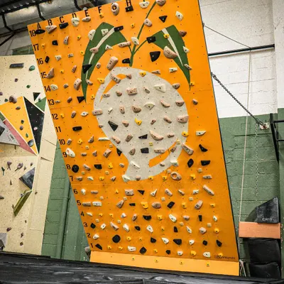 This is our MoonBoard, set up and ready for a session. The grid layout and specific holds allow for thousands of standardized boulder problems accessible through the MoonBoard app.