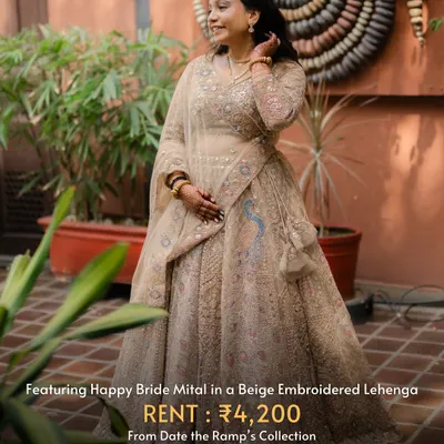 Meet Mital, a happy bride who looked absolutely radiant for her engagement in this beige embroidered lehenga. She chose to rent, making a smart and sustainable choice for her big day.