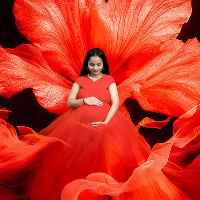 The power of red. This fine art portrait uses a stunning red gown from my client closet and a custom floral backdrop to create a bold and unforgettable image of motherhood.