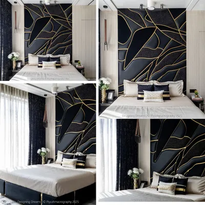 This bedroom is a perfect example of how a single feature wall can define an entire space. We crafted this floor-to-ceiling headboard using panels of black fabric and leatherite, detailed with precise gold metal inlays to create a sense of modern luxury and warmth.