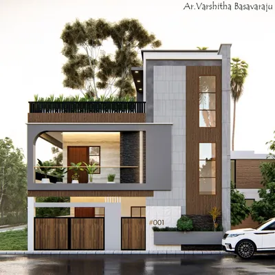 A contemporary residential facade design featuring a prominent semi-enclosed balcony and a mix of grey stone tiles and wood-look panels. The design balances privacy with open, airy living spaces.
