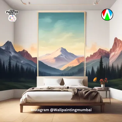This stunning mountain landscape mural turns a bedroom into a peaceful retreat. The design extends across the walls, creating an immersive experience that makes you feel like you're waking up to a beautiful sunrise view every day.