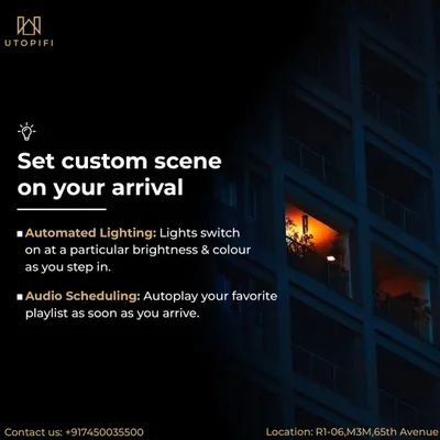 Arrive home to a perfect welcome every time. We can program a custom scene for your arrival that automatically switches on lights to a specific brightness and color, and even starts playing your favorite playlist to set a relaxing mood.