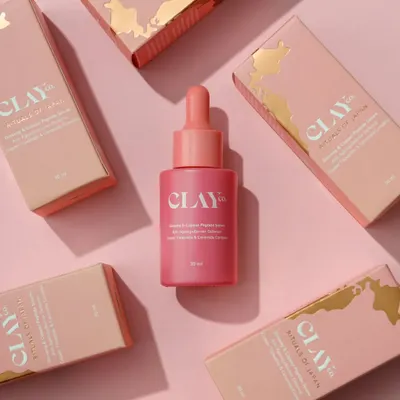 This is an overhead shot I did for Clay Co. Beauty. I find that creating a dynamic composition with the product and its packaging like this really works for social media feeds and website banners. It's eye-catching and tells a story about the product line.