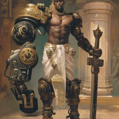 A portrait of a Yuntryodhā, a warrior-engineer from the MahaMachinist Nation. I create detailed character designs that fuse mythological aesthetics with sci-fi hardware, perfect for hero characters in games or films.