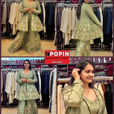 This collage shows the olive green plazo set with a long, flared jacket from multiple angles. It's a chic and sophisticated outfit that offers both style and comfort.