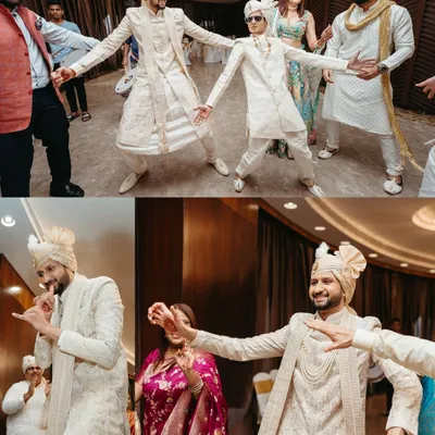 The groom and his squad bringing the energy. We capture the synchronized moves and the sheer fun of the baaraat dance party.