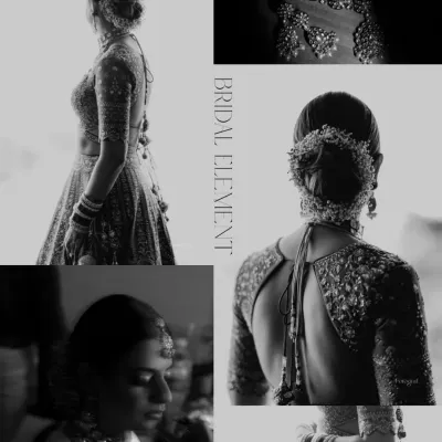 A black and white collage dedicated to the "Bridal Element." It showcases the details: the hairstyle, the jewelry, the back of the blouse, and a quiet, pensive portrait.