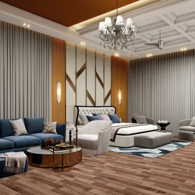 This luxurious master bedroom combines modern and classical design elements. I used a coffered ceiling and a classic chandelier, paired with a contemporary upholstered bed and a geometric accent wall with brass inlays.