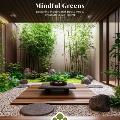 This is our concept of Mindful Greens. We designed this indoor zen garden with bamboo, moss, and smooth stones to create a space that boosts mood, creativity, and well being. It's a perfect retreat for quiet contemplation.
