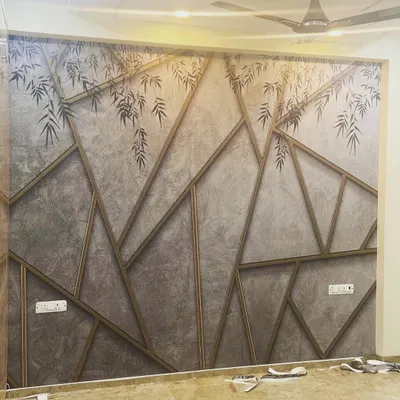 This custom wallpaper combines a concrete texture with a geometric bamboo overlay. It's a perfect example of a modern design that also feels connected to nature.
