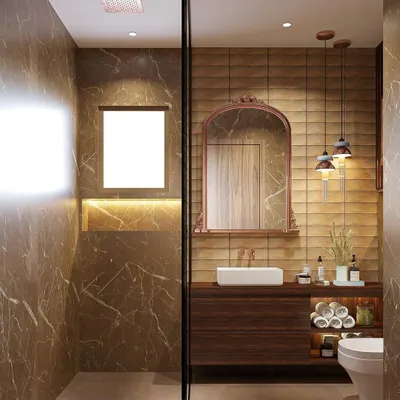 A warm and inviting bathroom design. I used brown marble-look tiles for the shower area and textured tiles behind the vanity, complemented by a vintage-style mirror and pendant lights for a cozy, rustic feel.