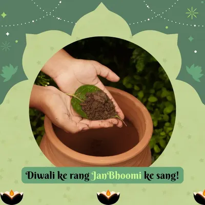 Celebrate Diwali ke rang JanBhoomi ke sang! This image shows rich compost in a terracotta pot, symbolizing our commitment to giving back to the earth during the festive season.