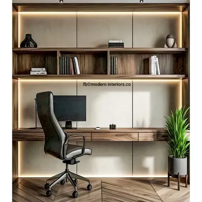 A sleek and modern home office with a floating desk and open shelving. The design uses a dark wood finish and integrated backlighting to create a sophisticated and focused work environment.