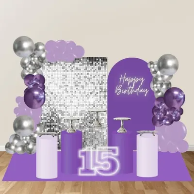 This is a mockup for a trendy 15th birthday party, featuring a purple and silver disco theme with a sequin wall and marquee numbers. I create these so you know exactly what to expect.