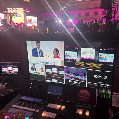 A look at our multi-feed video console during the Khelo India University Games launch. We manage multiple camera inputs and graphic overlays to produce the live broadcast feed.