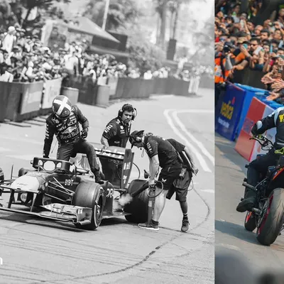 It's not just the drivers, it's the team. A black and white shot of the pit crew in action, contrasted with a freestyle rider mid-stunt. I focus on telling the complete story of a motorsports event, including all the crucial players.