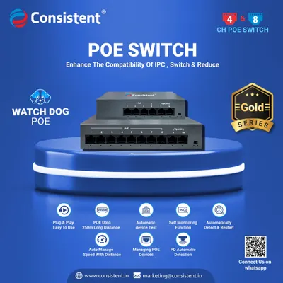 Introducing our Gold Series PoE Switch with Watchdog functionality. Available in 4 and 8 channel options, this switch is designed for reliability, automatically testing and restarting connected devices like security cameras to ensure they are always operational.