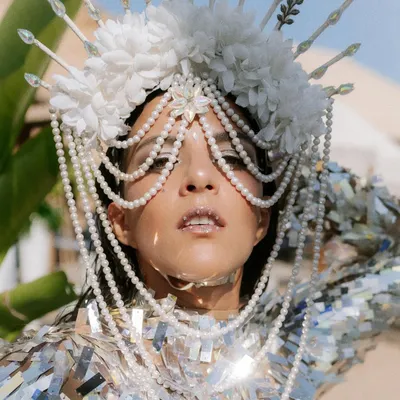 A vision in pearls and mirrors. For this beach carnival, I styled a high-fashion, avant-garde look for the performer, featuring a cascading pearl headpiece and a dress made of reflective silver pieces that shimmered in the sun.