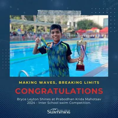 Making waves and breaking limits. Here is our swimmer Bryce Leyton with his trophy after a stellar performance at the Prabodhan Krida Mahotsav Inter-School swim competition. This is the result of consistent training and a champion's mindset.