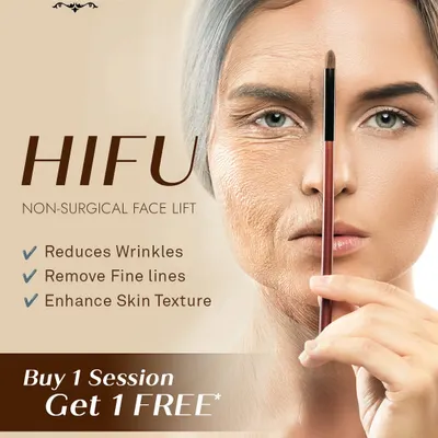 This graphic illustrates the powerful effect of HIFU, my non-surgical facelift treatment. It effectively reduces wrinkles, removes fine lines, and enhances skin texture by stimulating collagen deep within the skin, with a special offer to make it more accessible.