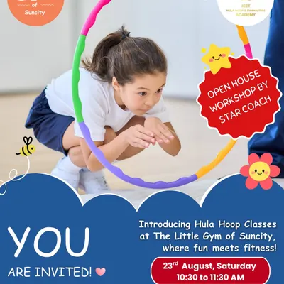 You are invited. This poster for our Hula Hoop Open House features a young participant completely focused and having fun while learning a new skill. It’s a perfect example of the hands-on, engaging workshops we offer to introduce children to new forms of fitness.