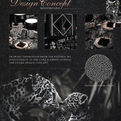 The genesis of 'The Dark Club' theme. This design concept moodboard shows the core inspiration, a powerful image of a leopard and her cub, and how that pattern became the guiding element for the entire event's aesthetic.