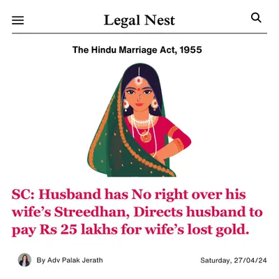 The Supreme Court has been very clear: a husband has no right over his wife's Streedhan. This ruling reinforces that your Streedhan is your absolute property. In this case, the court directed the husband to pay Rs 25 lakhs for his wife's lost gold.