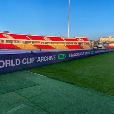 A close-up of the perimeter LED boards we installed for the Women's Tri-Nation football tournament. We provided 260 running meters of P6 LED to deliver crisp, clear visuals for sponsors and fans.