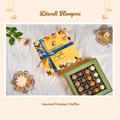 A masterpiece for chocolate lovers. Our Diwali hamper featuring assorted premium truffles is elegantly packaged and perfect for gifting during the festive season.