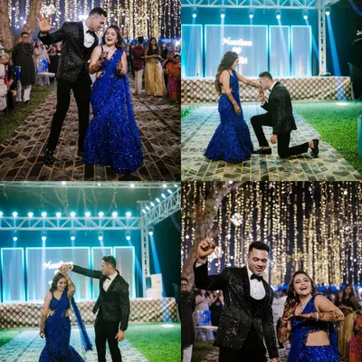 A collage capturing the dynamic energy of the Sangeet night, from the couple's choreographed dance moves to a romantic proposal on one knee.