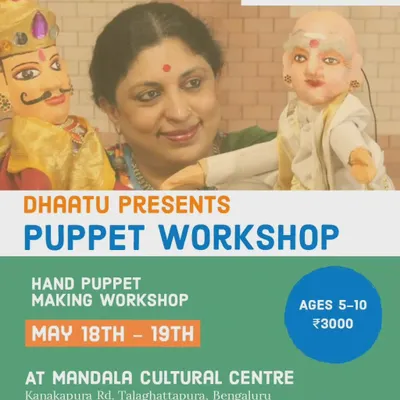 We invite children aged 5 to 10 to join our hand puppet making workshop. This poster shows our founder with two traditional hand puppets, giving an idea of the characters kids can create and take home.