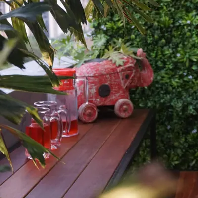 It's the little details that make a space feel personal. This quirky red elephant planter adds a touch of fun and color to the wooden bench, peeking out from behind the greenery.