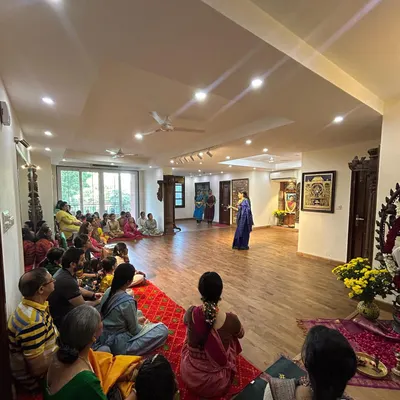 A full view of our studio during the Vijayadashmi Guru Pooja. Students, parents, and friends gather to seek blessings and start a new lesson, filling the space with warmth and positive energy.