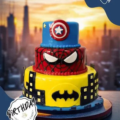 For the ultimate superhero fan, I assembled this three-tier action-packed cake featuring Batman, Spider-Man, and Captain America, creating a towering centerpiece for an epic birthday battle.