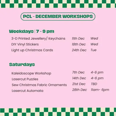 Here is our list of events for December! We have workshops on 3D printed jewelry, DIY vinyl stickers, light-up Christmas cards, and a full-day automata workshop.