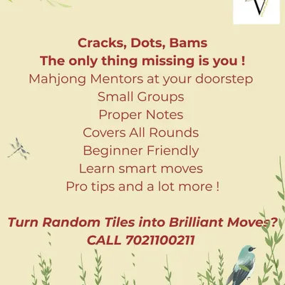 Ready to turn random tiles into brilliant moves? This flyer details my Mahjong classes, which are designed to be beginner-friendly and convenient. I focus on small groups to teach you everything from Cracks, Dots, and Bams to winning strategies.