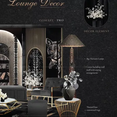 A concept board for "The Dark Club" lounge, showcasing the panther motif on a central backdrop wall, paired with thematic lamps and luxe black velvet seating. This is where the story begins.