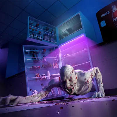 A key piece from my 'Karnival' series, showing a creature crawling from a fridge. The retro aesthetic and purple neon lighting are signature elements of this project, blending creature horror with a stylized environment.