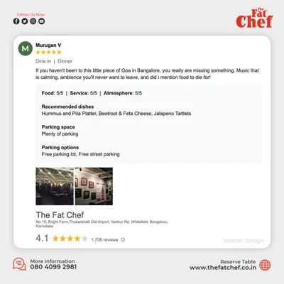 This 5-star Google review from a happy customer describes us as a "little piece of Goa in Bangalore" with calming music, an ambiance you'll never want to leave, and food to die for.